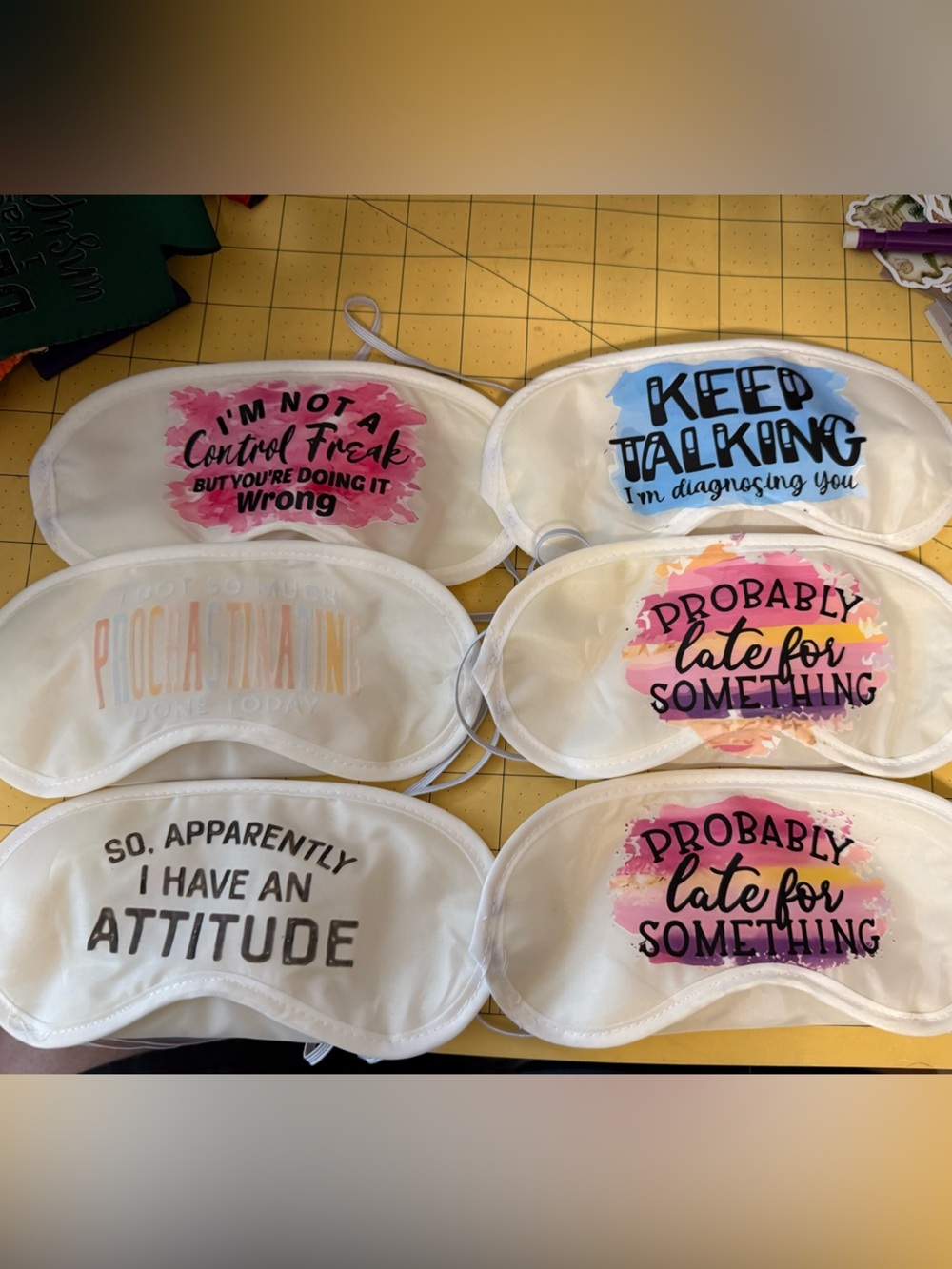 Kids White Sleep Mask with Pink & Blue Prints - Fun Sayings